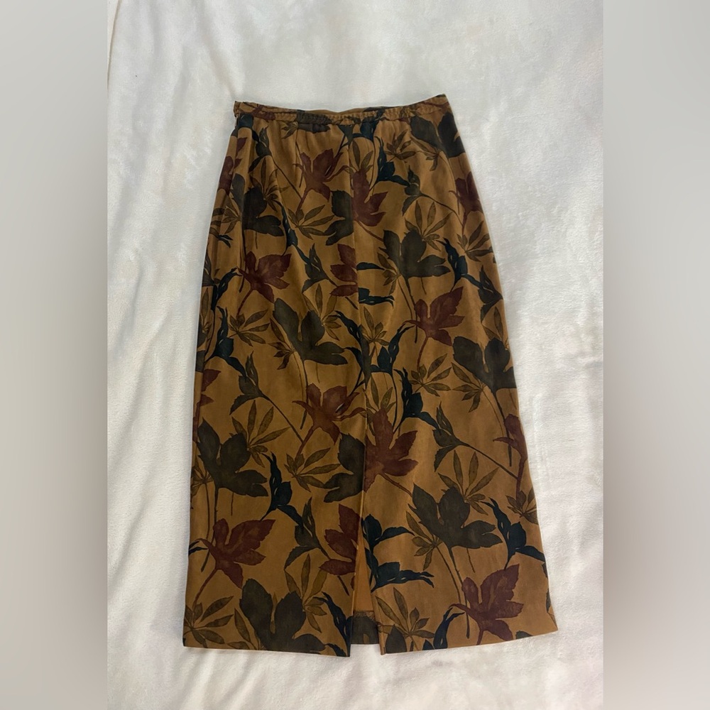 VTG Stonebridge Boho Maxi Skirt Leaf Brown Navy Gold Earthy Aesthetic Slit 8P - Picture 2 of 13